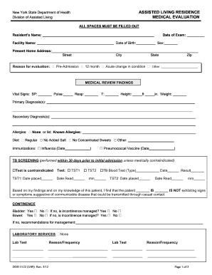 New York Assisted Living Residence Medical Evaluation Form