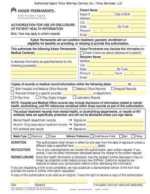 Kaiser Permanente Health Information Authorization Form