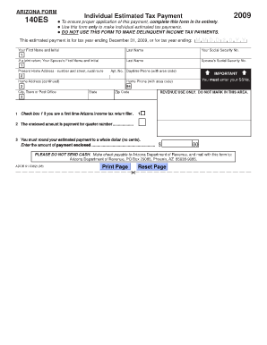 Arizona Form 140ES Individual Estimated Tax Payment 2009