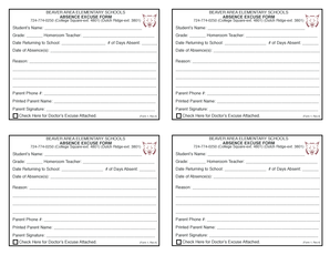 Beaver Area Elementary Schools Absence Excuse Form