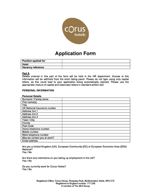 Corus Hotels Job Application Form