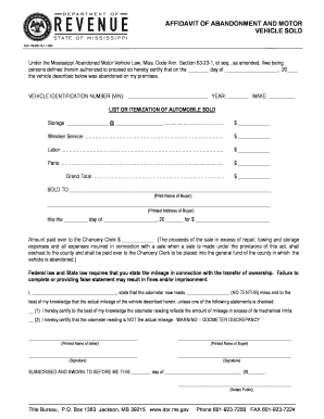 Affidavit of Abandonment and Motor Vehicle Sold