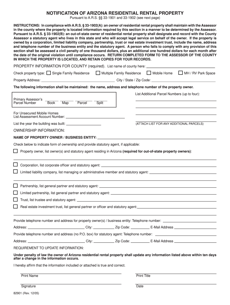 Fillable Online gilacountyaz notification of arizona residential rental property form Fax Email