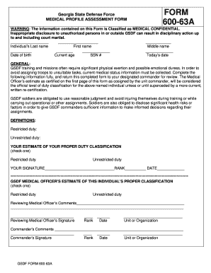 Georgia State Defense Force Medical Profile Assessment Form 600-63A