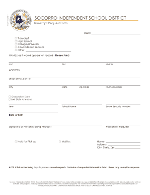 Socorro Independent School District Transcript Request Form