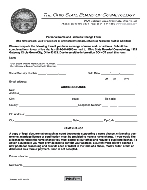 Ohio Cosmetology Personal Name and Address Change Form