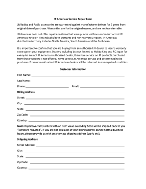 JR Americas Service Repair Form