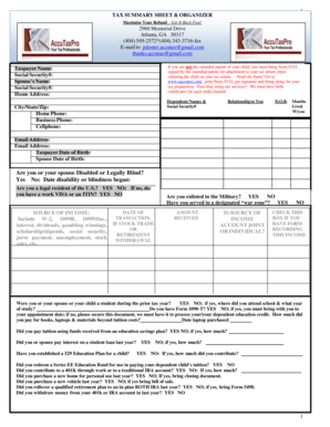 Tax Summary Sheet & Organizer