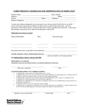 Parent Request and Release for Administration of Medication