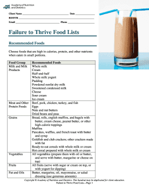 Failure to Thrive Food Lists