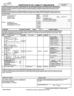 Certificate of Liability Insurance