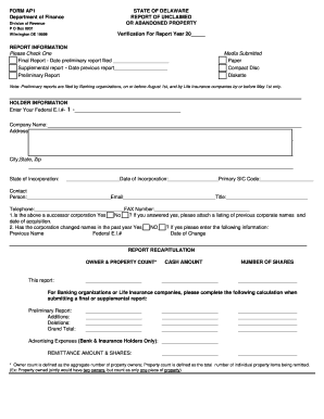 Delaware Unclaimed Property Report Form AP1