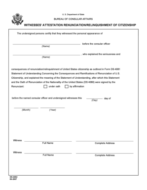 Witnesses' Attestation Renunciation/Relinquishment of Citizenship