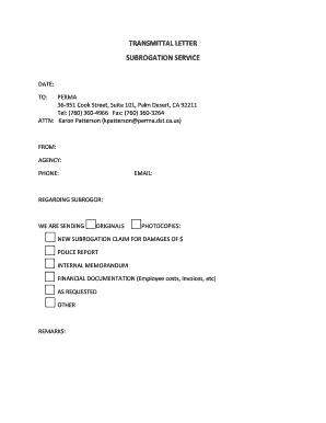 Transmittal Letter for Subrogation Service