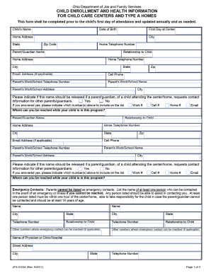 Ohio Child Enrollment and Health Information Form