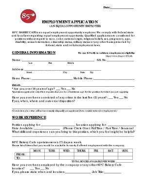 85°C Bakery Cafe Employment Application
