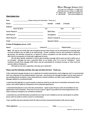 Client Intake Form for Massage Services