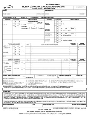 North Carolina Garage and Dealers Insurance Form