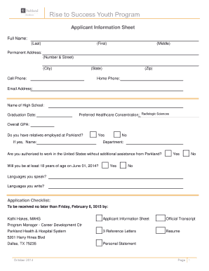 Parkland Applicant Information Sheet