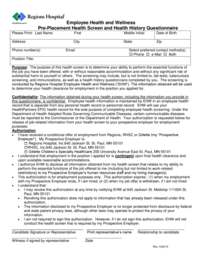 Employee Health Screen and History Questionnaire
