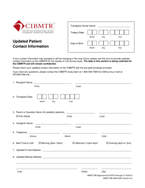 CIBMTR Quality of Life Survey Contact Update Form