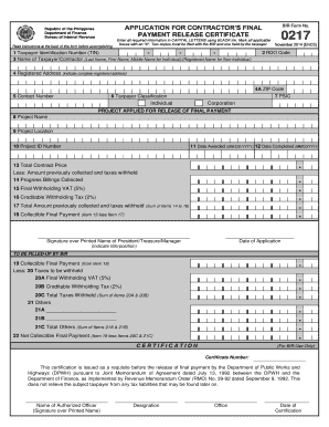 BIR Form 0217 Application for Contractor’s Final Payment Release Certificate
