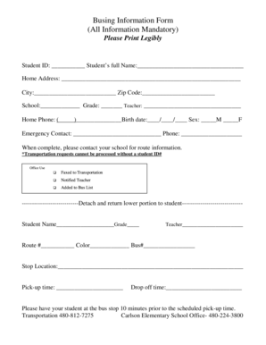 Student Bus Transportation Information Form