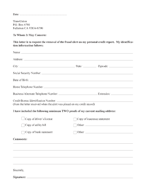 Fraud Alert Removal Request Letter