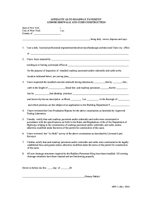 Affidavit for Roadway Pavement and Sidewalk Construction
