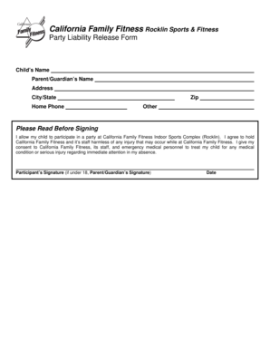 California Family Fitness Party Liability Release Form