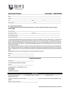 BofI Federal Bank Stop Payment Request