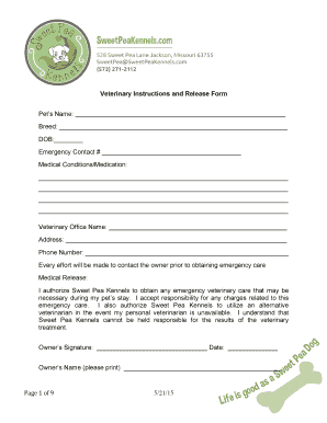 Veterinary Instructions and Release Form