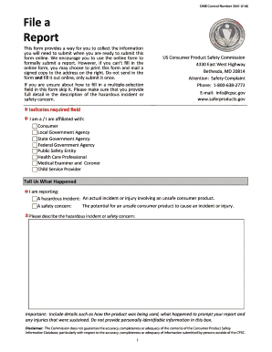 US Consumer Product Safety Commission Safety Complaint Form