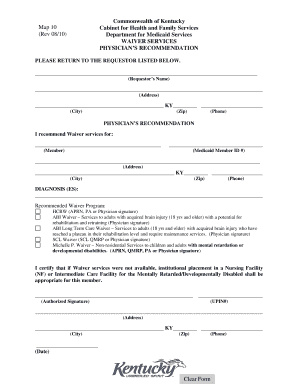 Kentucky Physician's Recommendation for Waiver Services