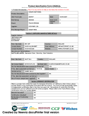 Chemical Product Specification Form