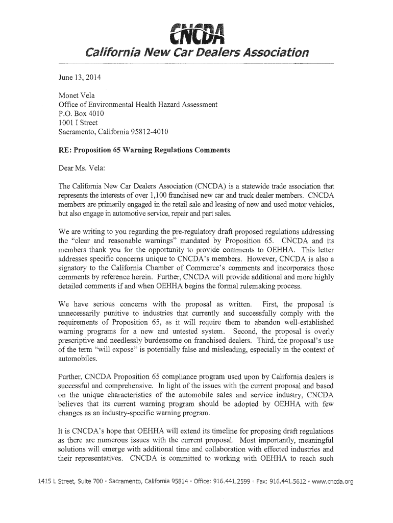 Fillable Online oehha ca Proposition 65 Warning Regulations Comments