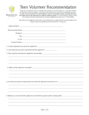Teen Volunteer Recommendation Form