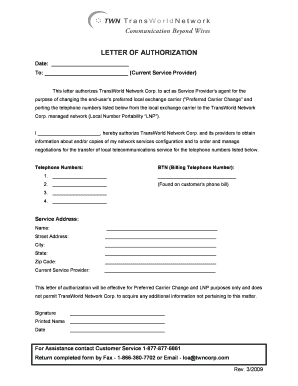 Letter of Authorization for Carrier Change