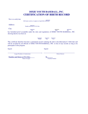 Dixie Youth Baseball Birth Record Certification