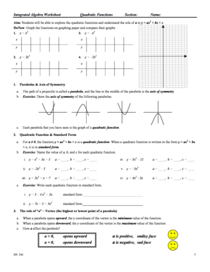 Algebra Worksheet Quadratic Functions