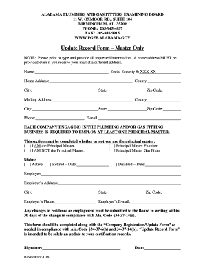 Alabama Plumbers and Gas Fitters Update Record Form