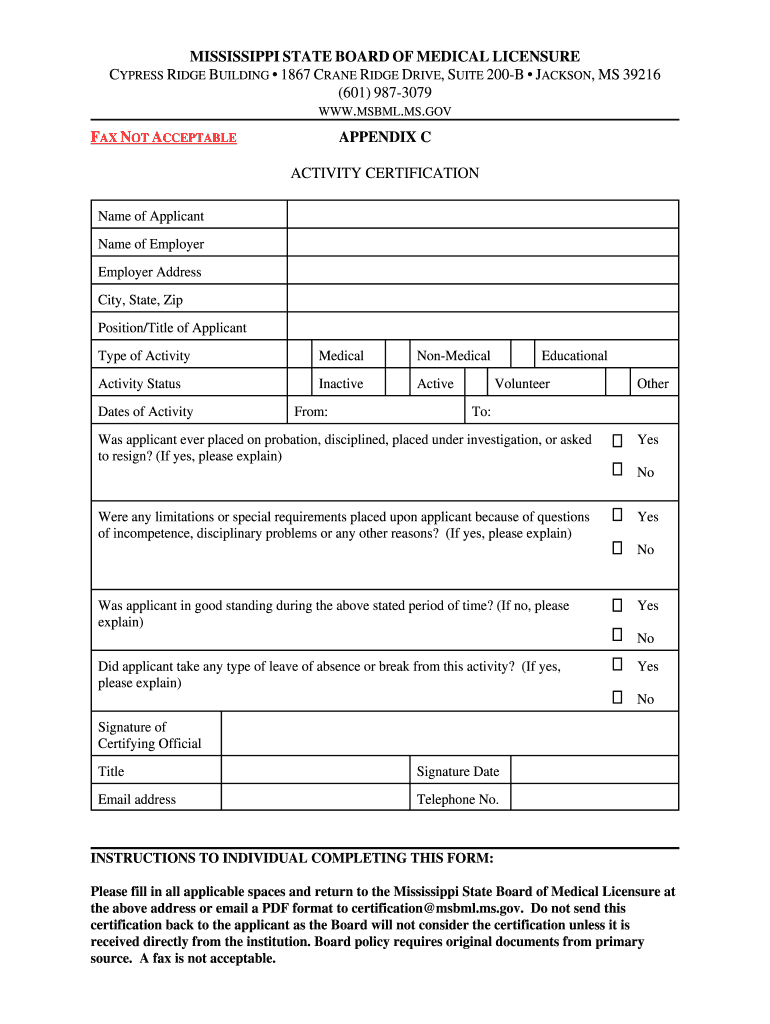 Fillable Online msbml ms ACTIVITY CERTIFICATION Fax Email Print - pdfFiller