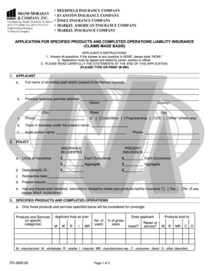 Application for Specified Products and Completed Operations Liability Insurance