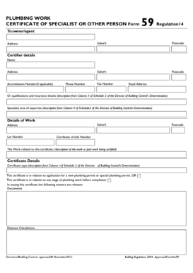 Plumbing Work Certificate Form 59