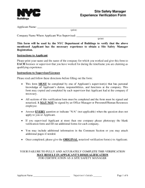Site Safety Manager Experience Verification Form