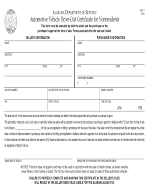 Alabama Drive-out Certificate for Nonresidents