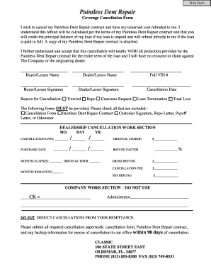Paintless Dent Repair Coverage Cancellation Form