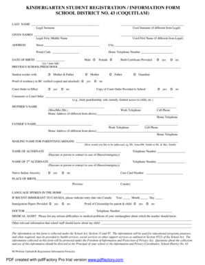 Kindergarten Student Registration Form