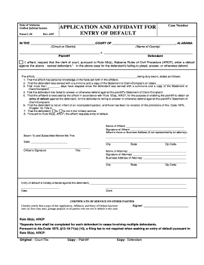 Alabama Entry of Default Application and Affidavit