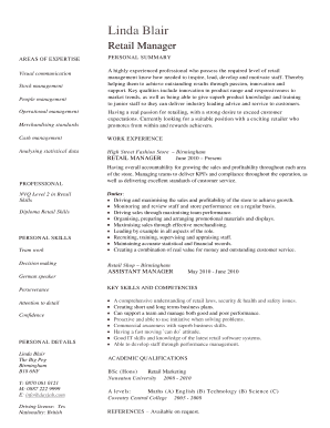 Retail Manager CV template This CV sample will show you how to lay out your skills and experience if youre applying for a Retail Manager vacancy